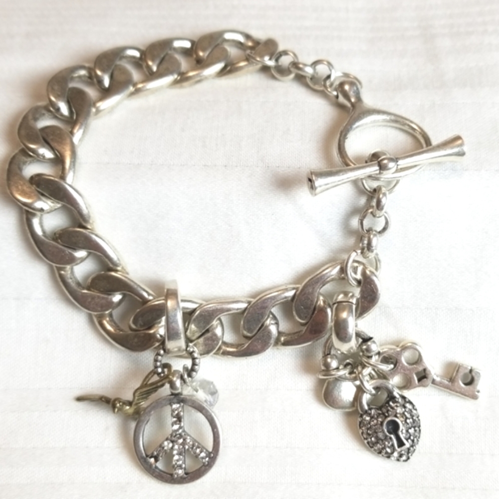 Fossil Silver Link Charm Bracelet Peace Sign Heart Key Lock